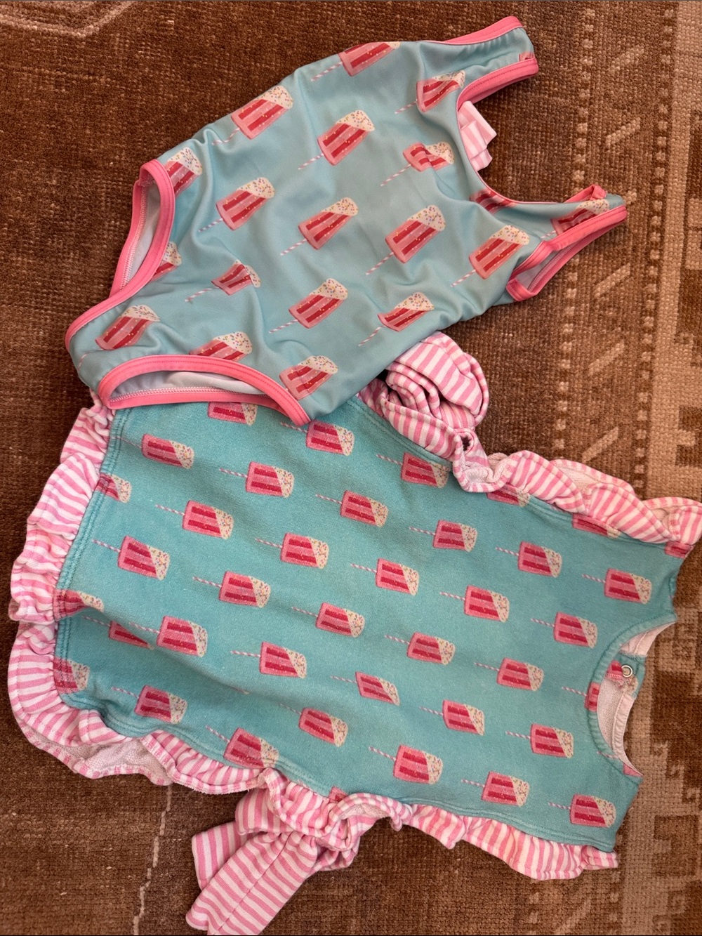 Sal & Pimenta Kids Aqua Pink Ice Cream Print Bathing Suit and coverup - Picture 1 of 2